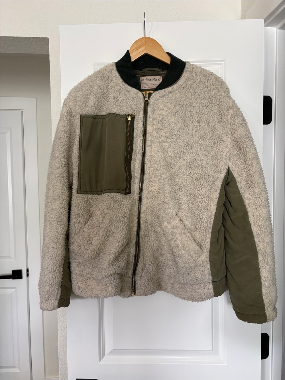 Free People Cream Sherpa Bomber Jacket with Olive Accents